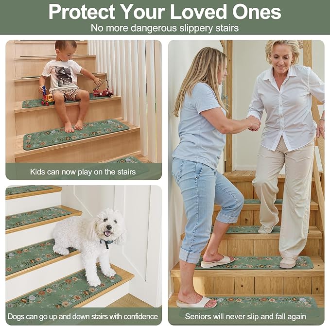 OJIA Floral Stair Treads Non-Slip Landinging Mat 31"x31" Stair Runner | Square Carpet Stair Treads for Wooden Steps Indoor Rubber Backing Anti-Slip Stair Matching Mat Stair Rugs, Green