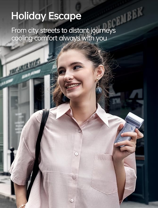 JISULIFE Handheld Fan Life9S - Sleek Chrome: Turbo Power, 22 Hours Cooling | LED Display, 5000mAh, 5-Speeds, Mini Portable Fan for Travel, Cruise, Concerts, Trendy Gifts for Women Men -Blue