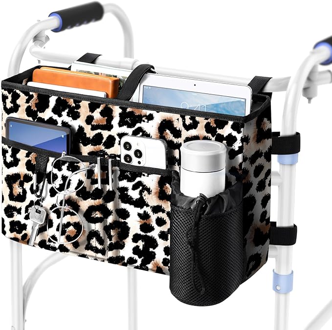 Rhino Valley Walker Bag, Multi Pockets Folding Walker Basket Tote Bag with Cup Holder,Hand-free Carry Pouch Storage Bag for Universal Walkers,Large Capacity Organizer for Seniors Elderly,Brown Leopard