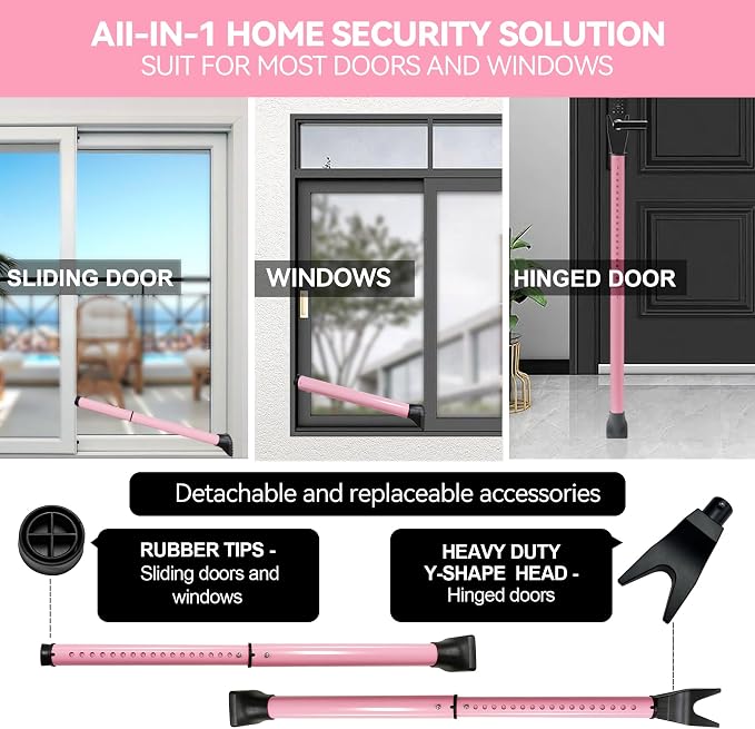 AceMining Upgraded Door Security Bar & Sliding Patio Bar, Heavy Duty Stoppers Adjustable Jammer for Home, Apartment, Travel (1 Pack,Pink)