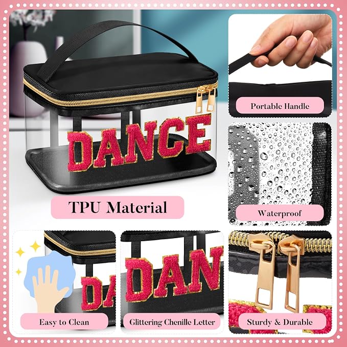Geetery Chenille Letter Bag, Meds Cheer Travel Cases Cheerleader Gifts Cosmetic Bag Nylon Makeup Portable Preppy Patch with Zipper Toiletry Storage Case for Women(Black,Dance)