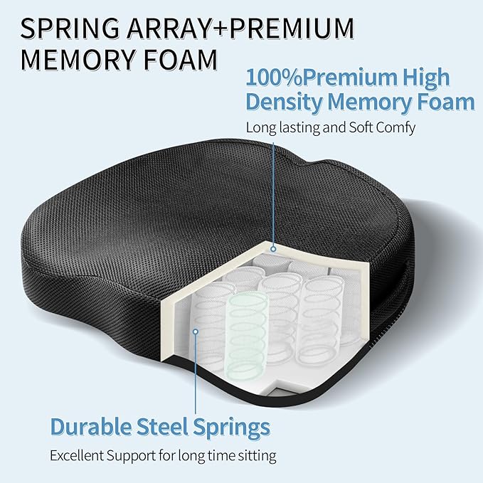 Wheelchair Seat Cushion - High Density Memory Foam and Inner Springs Comfort Support Without Flatten - Mobility Scooter Accessories - Large Chair Pad Pain Relief for Adults & Seniors