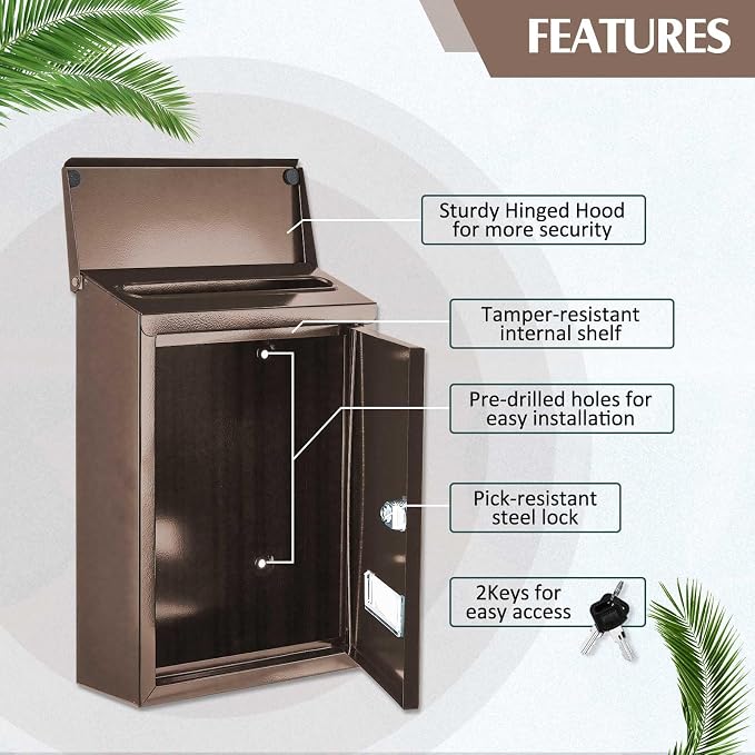 Amylove Weatherproof Mail Boxes with Key Lock, Security Locking Wall Mount Metal Mailbox with Slot for Outside, Large Capacity for Mail, Packages, Donations, Voting 11.8 H x 8.3 L x 2.8 W, Brown