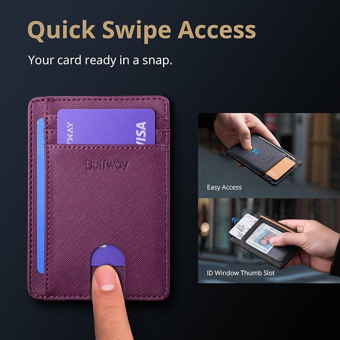 Buffway Slim Minimalist Front Pocket RFID Blocking Leather Wallets for Men and Women - Cross Purple
