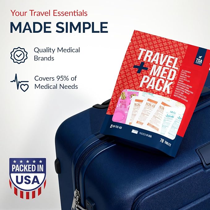 Travel Medicine Kit - 78-Piece TSA-Approved Urgent Care Kit Medication Pack for Flights, Cruises & International Travel | Individually Wrapped OTC Medication Essentials