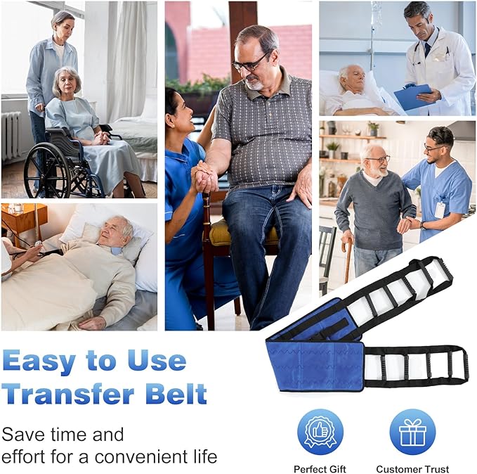 Rhino Valley Transfer Sling, Gait Belt with 10 Padded Handles, Non-Slip Nursing Transfer Belt, Safety Standing and Lifting Aid for Disabled, Elderly, Seniors, Injured, Blue+Black