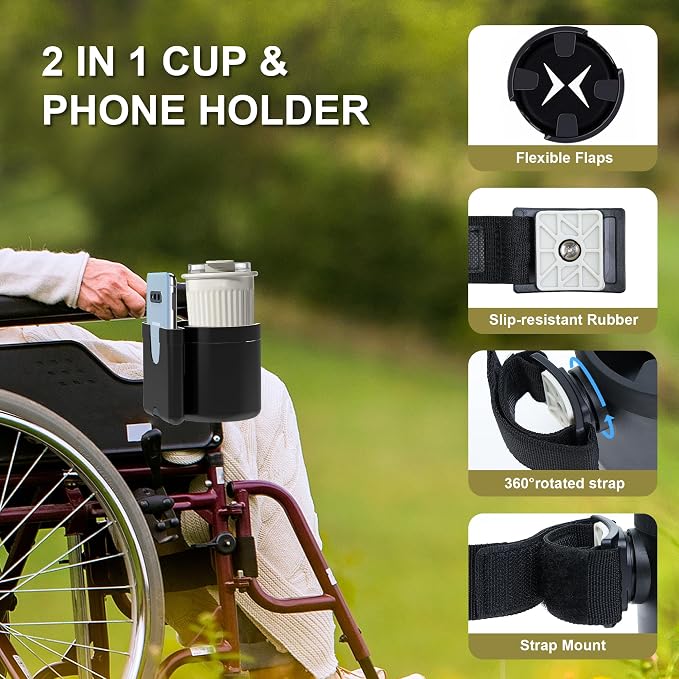 2-in-1 Cup and Phone Holder for Walker, Wheelchair, Rollator | Cup and Phone Holder Compatible with Drive Medical Nitro Rollator, Safe and Steady, Easy installation