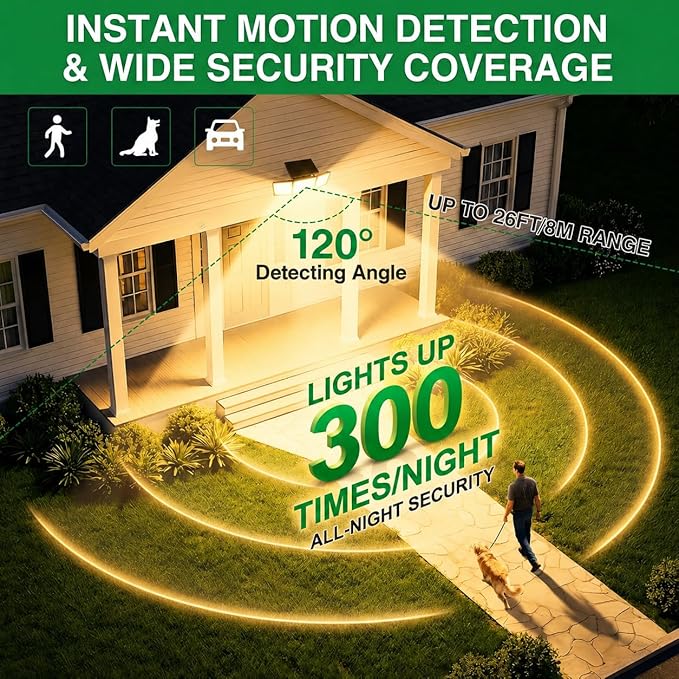 Solar Outdoor Lights Motion Sensor, 2500LM 286 LED Security Flood Lights with Visual Battery & Mode Display, 3 Lighting Modes, IP65 Waterproof 3-Head Wide Angle for Garage, Yard, Patio (6P Warm White)