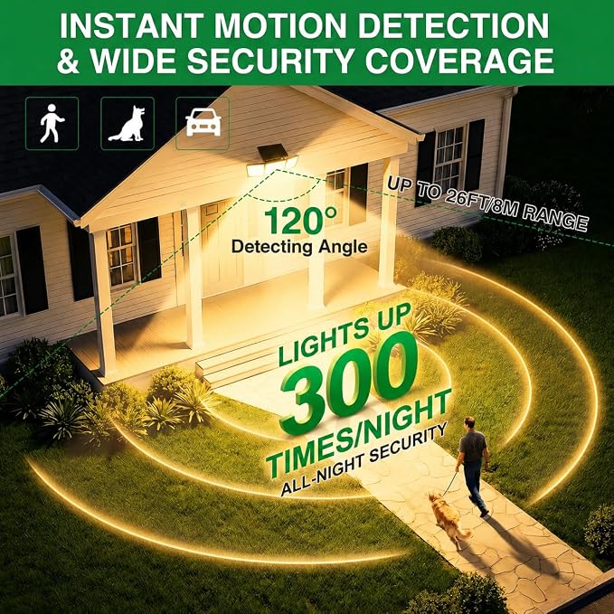 Solar Outdoor Lights Motion Sensor, 2500LM 286 LED Security Flood Lights with Visual Battery & Mode Display, 3 Lighting Modes, IP65 Waterproof 3-Head Wide Angle for Garage, Yard, Patio (4P Warm White)