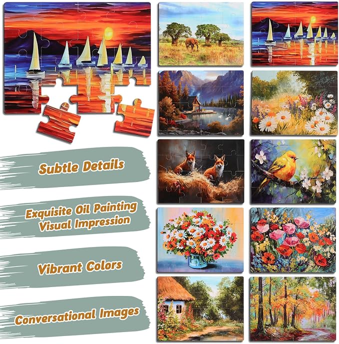 Hiboom 10 Pack 16 Piece Large Jigsaw Dementia Puzzles for Alzheimers Senior Easy Puzzles Dementia Products for Elderly Adults Gifts Memory Cognitive Games Christmas Activities, 9.45 x 12.6 Inch(Vivid)