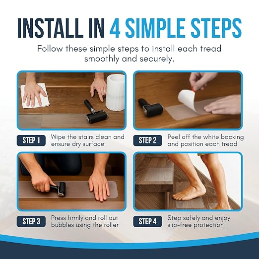 Clear Non Slip Stair Treads for Wooden Steps Indoor (20 Pack) - 32” x 4” Extra Wide Transparent Stair Treads Non Slip, Self Adhesive Indoor Safety Strips for Wood Stairs, Stair Grips for Elderly