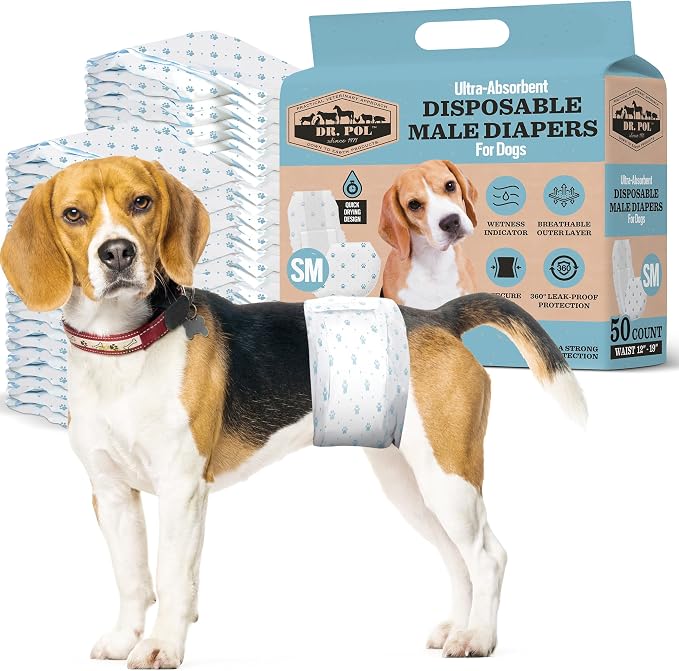 Dr. Pol Male Dog Diapers, Belly Bands, Small (12–19" Waist), 50 Count