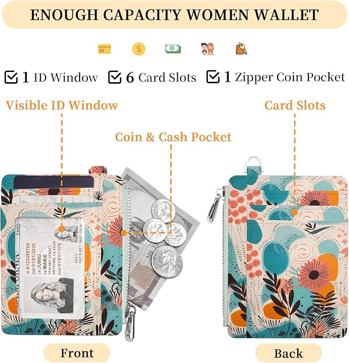Hancynir Boho Floral Small Wallet Women Credit Card Holder, Slim RFID | Zipper Keychain Wallet, Travel Coin Front Pocket, Ladies Women Gifts, Thin Minimalist Card Case, 6 Card Slots, PU Leather