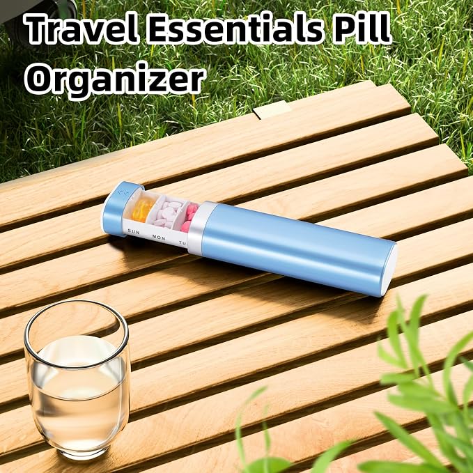 Betife Travel Pill Organizer Weekly 7 Day, Compact Daily Pill Box, Portable Medicine Case for Vitamins Supplements, Drawer-Shaped (Blue)