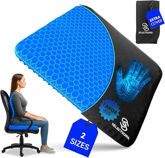 SelectSoma Gel Seat Cushion for Long Sitting, Pressure Relief for Sciatica, Tailbone, Coccyx & Back Pain, Office Chair, Wheelchair, Car & Truck – Large Size Blue Gel