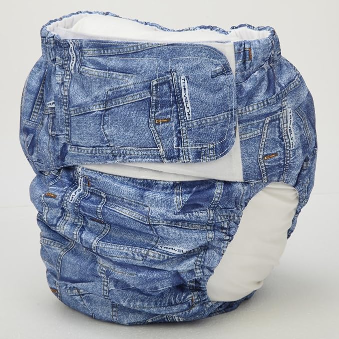 Teen Adult Cloth Diaper Nappy Reusable Washable for Disability Incontinence Hook and Loop (Denim (Large 26in to 50in))