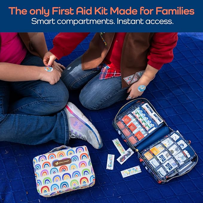 KeepGoing Large Home First Aid Kit for Kids – 270 Pc. for Car, Home, Dorm, & Boat with Latex-Free Bandages – 10 x 7 x 3.5 in. Travel First Aid Kit (Sunny Rainbow)
