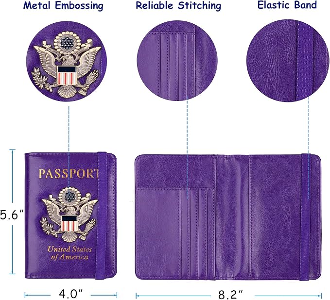 TOURSUIT RFID Blocking Passport Holder, Leather Travel Wallet, Purple | Travel Document Holder Cover Accessories, 3D Metal Badge, For Women Men