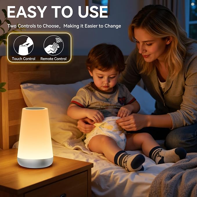Auxmir Rechargeable LED Night Light, Touch & Remote Control Bedside Lamp with 13 Colors, 5 Brightness Levels, Portable Table Lamp for Kids Baby Nursery, Bedroom, Bathroom, Camping, Silver