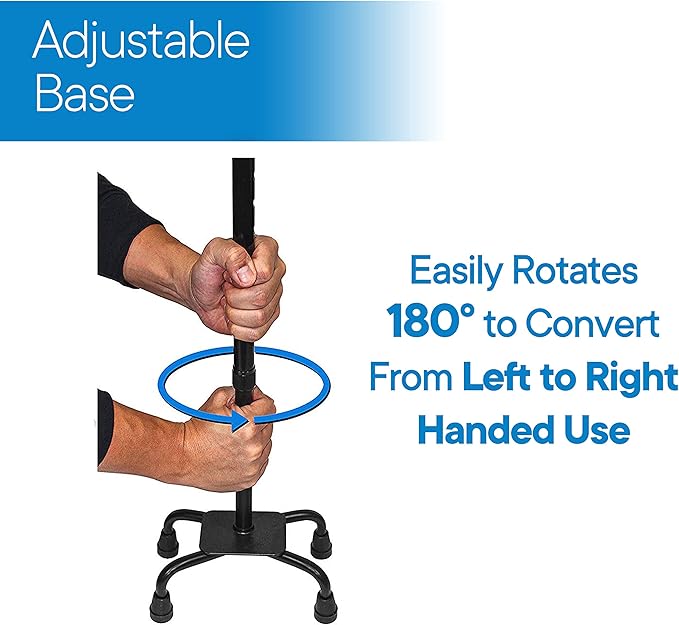 RMS Quad Cane - Adjustable Walking Cane with A Large Four-Pronged Base for Extra Stability - Foam Padded Offset Handle for Secure & Comfort Grip - Works for Right or Left Handed Men or Women