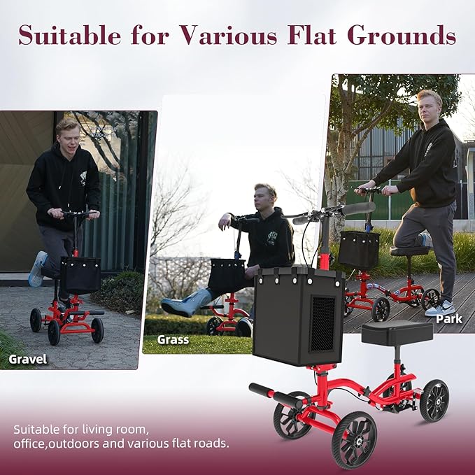 Lightweight Knee Scooter Crutch Alternative, Foldable & Adjustable Knee Scooter for Adults for Foot Surgery, Steerable Knee Walker with Detachable Storage Basket, Includes DIY Stickers-Hot Red