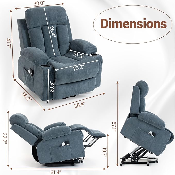 Power Lift Recliner Chair for Elderly, Electric Lift Chair with Vibration Massage and Lumbar Heat, Reclining Chair with USB Charging Port, Cup Holders, Ergonomic Sofa for Living Room, Blue