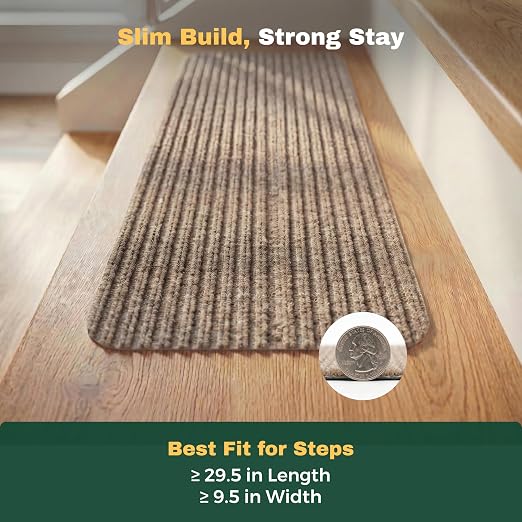 MBIGM Carpet Stair Treads for Wooden Steps, 15 Pack, 8" x 30", Cornstalk | Four-layer polyester carpet with PP grid base, nonwoven cushion and TPR adhesive backing adds indoor traction and comfort