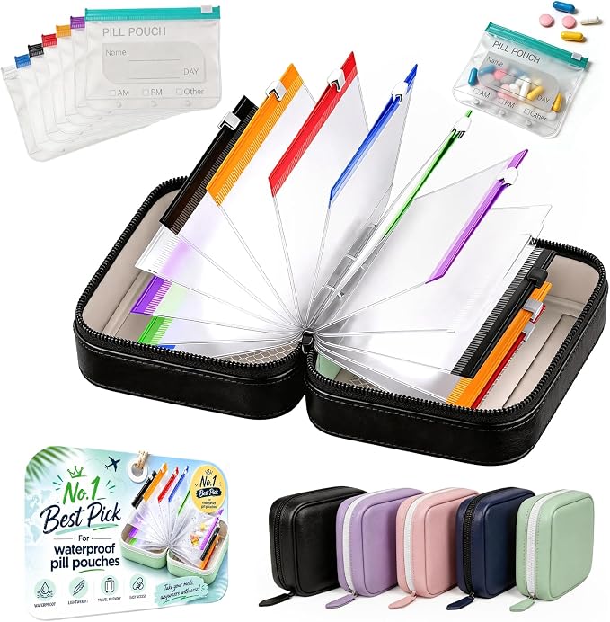 14 Day Travel Pill Kit Personal Medicine Organizer Case Set A8 Waterproof Pill Pouch for Travel Small Portable Storage Binder Style with Bags Cute Medication Purse Zipper Pocket (Black-7 Pouches)