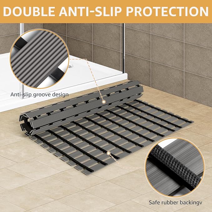 Yolife PVC Large Shower Mat, 35.4 × 24 Inch Non Suction Cup Non Slip Shower Floor Mat, Easy to Cut & Curlable Stand Up Shower Stall Mat, Heavy Duty Bath Shower Mats for Inside Shower