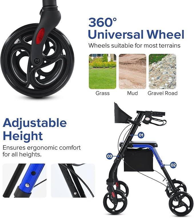 Metro Mobility Rollator Walker with Seat for Seniors, Foldable Lightweight Rolling Walker, 8" Big Wheels for All Terrain, 300 lb. Weight Capacity, Blue