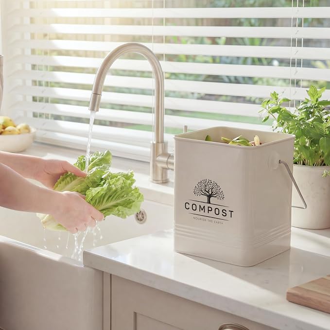 PERFNIQUE Kitchen Compost Bin, 1.7 Gallon Countertop Compost Bin with Lid, Indoor Compost Bin Includes 2 Carbon Filters, Small Compost Bucket, Food Waste Bin for Kitchen with Trash Bags (Cream White)
