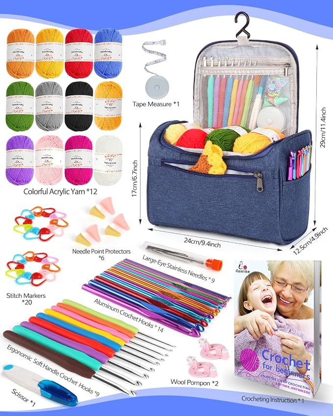 Aeelike Crochet Kit for Beginners Adults Kid, Complete Crochet Kits, Pink | Crochet Kit for Beginners Young and Old, All-inclusive Kit with Crochet Hooks 655 Yards Yarn Instruction Knit Bag, Ideal Gift