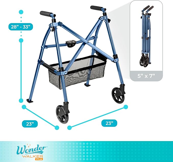 Stander Wonder Walker Plus Short, Lightweight Junior Folding Mobility Aid for Petite Adults, Seniors, and Elderly, Collapsible Travel EZ Fold-N-Go with Wheels, Glides & Basket, Cobalt Blue