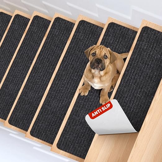 MBIGM Carpet Stair Treads for Wooden Steps, 15 Pack, 8" x 30", Black Stripe | Four-layer polyester carpet with PP grid base, nonwoven cushion and TPR adhesive backing adds indoor traction and comfort