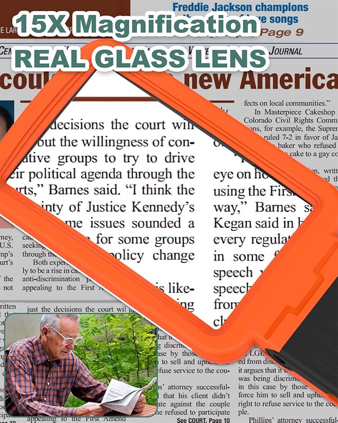 15X Magnifying Glass with Light and Stand, Rechargeable Folding Handheld Real Glass Magnifier, 3 Color Modes Dimmable Lighted Page Magnifier for Reading Small Prints, Seniors with Macular Degeneration