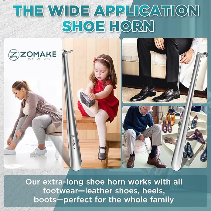 ZOMAKE Metal Shoe Horn Long Handle for Seniors 16.5 Inch,Long Shoehorn Stainless Steel Shoe Spoon Shoe Helper for Men Women