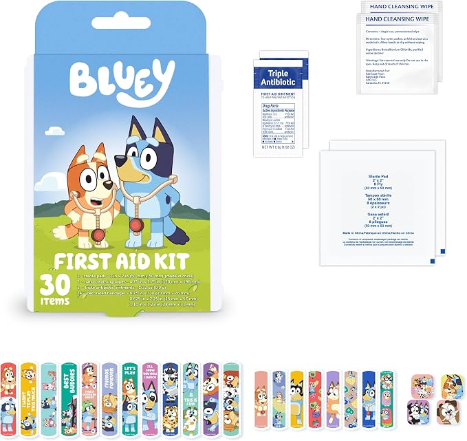Dr. Bluey First Aid Kit, 30 Pieces | First Aid Kit for Kids & Adults, Travel-Friendly Compact for Home, Car, Camping, and Traveling