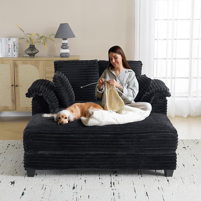 VINGLI 56" Oversized Chaise Lounge Chair, Black Comfy Corduroy Chaise Sofa Recliner Bed Upholstered Sleeper Couch Bed with Throw Pillows and Armrests for Living Room, Movie Room, Bedroom