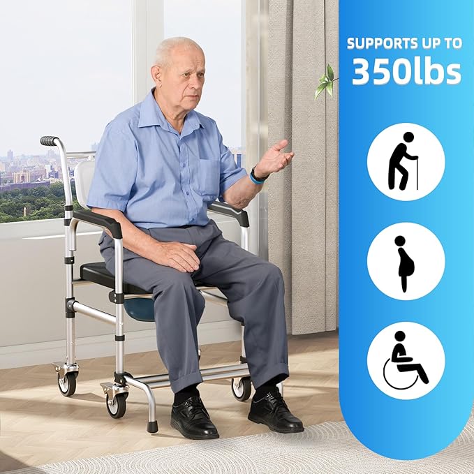 4 in 1 Rolling Bedside Commode Chair with Wheels for Elderly, Shower Chair with Handles, Adjustable Height Raised Toilet Seat for Seniors,Disabled and Pregnant Holds Up to 350 lbs (Black)