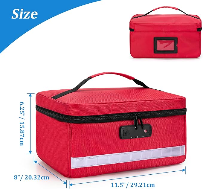 Damero Pill Bottle Organizer with Combination Lock and Inner Dividers, Red | Medicine Lock Bag, Medicine Storage and Organizer Bag for Pill Bottles, Vitamins and Medical Supplies