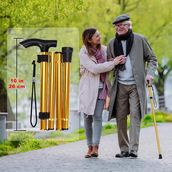 MFE Folding Cane, Portable 5-Level Adjustable Height Walking Stick with Foldable Design, Wrist Strap, and T Handle for Men and Women