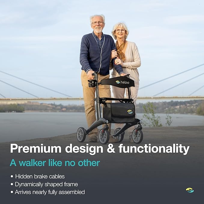 Helavo Carbon Ultralight Rollator Walker, 4 Wheel Walker with Seat and Brakes, 300 lbs Capacity, Lightweight (12.3 lbs), 8" Wheels, Height Adjustable Folding Rollator, Black