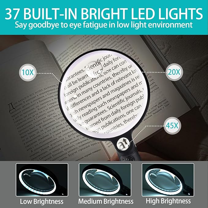 Large Magnifying Glass with 37 LED Light, 10X 20X 45X Handheld Illuminated Lighted Magnifier with 3 Light Modes Rechargeable Magnifying Glass for Seniors Reading, Inspection (White & Black)