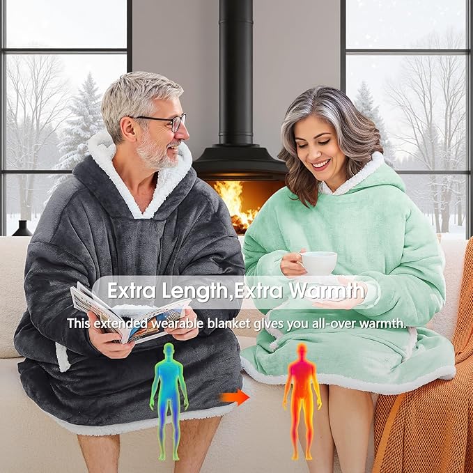 JOYWOO Green Wearable Blanket Hoodie,Oversized Cat Lovers Sweatshirt Blanket for Adult & Teens, Birthday Gifts for Women Men Mom Girl Boys,Cozy Sherpa Fuzzy Blanket Giant Pocket Gifts,Sage green Small