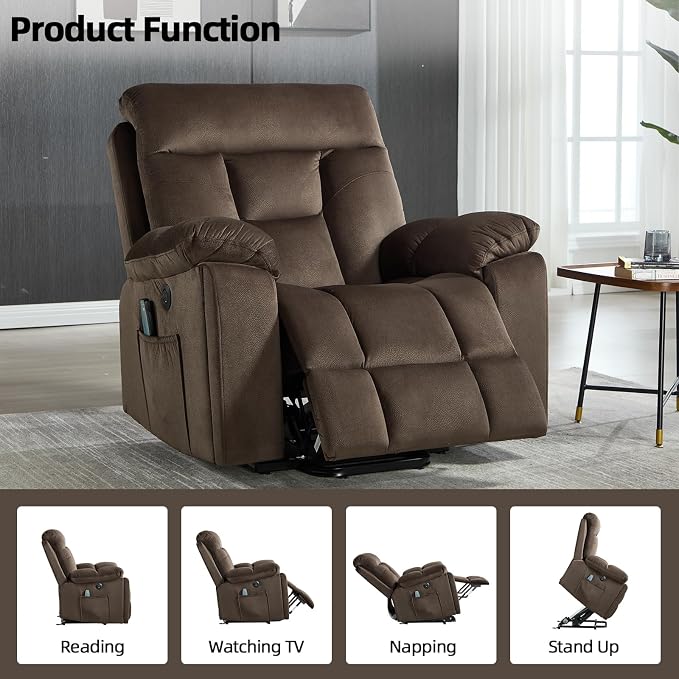 Large Power Lift Recliner Chair with Massage and Heat for Elderly Big and Tall People, Overstuffed Wide Recliners with 2 Cup Holders, Side Pocket and USB Port, Dark Brown