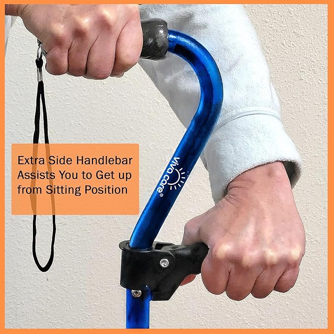 VIVA CARE Walking Cane with 4 Prongs and Extra Side Handle – Adjustable, for Balance & Stability for Adults, Seniors, and Injured.