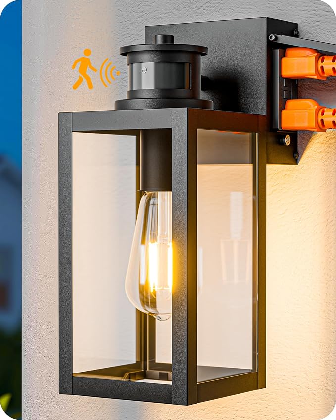 EDISHINE Black Motion Sensor Dusk to Dawn Outdoor Wall Light with Outlet | GFCI, 3 Modes, Clear Glass, Dimmable, E26 Base, 12"H, Waterproof Exterior Wall Sconce for Front Door, Garage, Patio