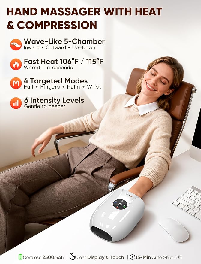 Hand Massager with Heat and Compression : Heated Full Hand Massager for Wrist Palm Fingers and Comfort Relief & Daily Relaxation – 4 Modes 6 Intensities