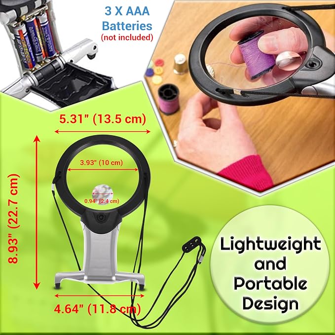 2X Hands Free Chest Rest LED Magnifier for Reading with 6X Spot Magnifying Glasses with Light for Sewing, Hobbies, Crafters, and DIY Projects – Adjustable Stand and Neck Cord for Seniors
