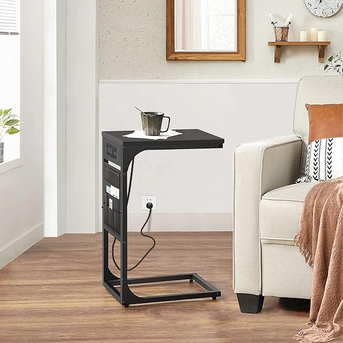 TUTOTAK C Shaped End Table with Charging Station, Side Table for Sofa | Couch Table with Storage Bag, TV Tray with 2 USB Ports and Outlets, Living Room and Bedroom, Black TB01BK024
